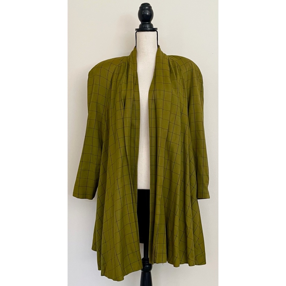 Vintage 80s Olive Green Windowpane Print Open Front Shawl Jacket